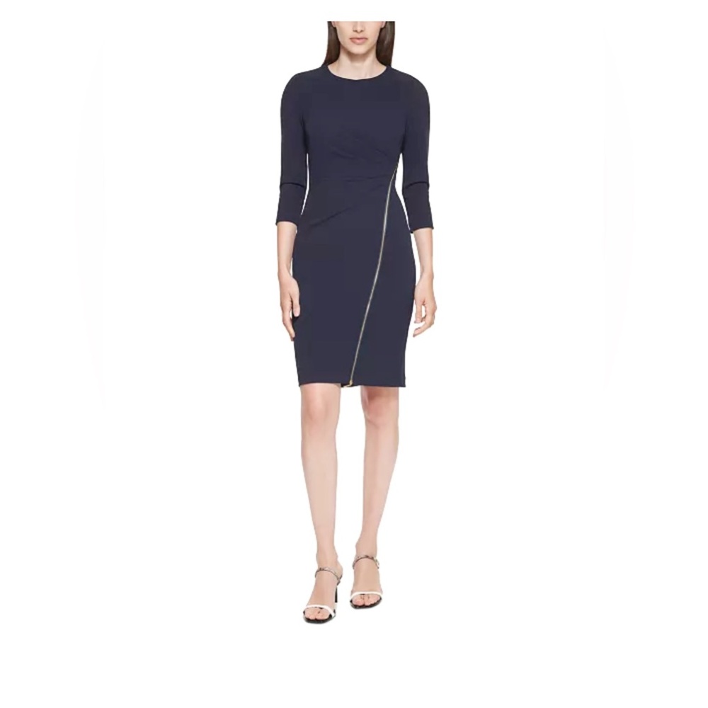 Calvin Klein Navy Blue3/4 Sleeve Asymmetrical Zip-Front Dress  -Office Business